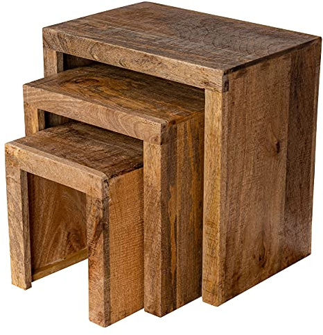 levandeo Set med 3 sidobord i massivt naturligt brunt handtag trä soffbord soffa soffbord med 3 hyllor, designbord dekorativt bord