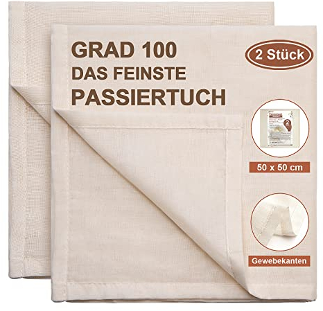 eFond Passiertuch, 2 Stück 50x50cm Käsetuch Feingewebt Dichtegrad 100 Cheesecloth Ungebleichte Reine Baumwolle mulltuch mit Sauber Umgeschlagene Saum, Seihtuch Waschbar und Wiederverwendbar