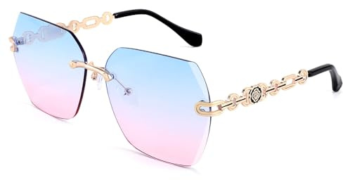 FEISEDY Randlose Sonnenbrille Damen Groß Brille ohne Rahmen mit Glitzer Diamant Schneidlinse UV400 Schutz Frauen Brille B2567