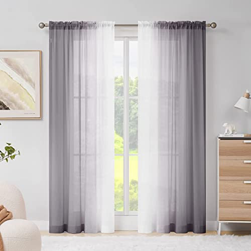 Melodieux Grey Grandient Window Curtains - Ombre Sheer Chiffon Curtains, Semi Transparent Curtain, Rod Pocket Windows Panels for Living Room, Bedroom, Nursery (56x90 inch, 2 Panels)