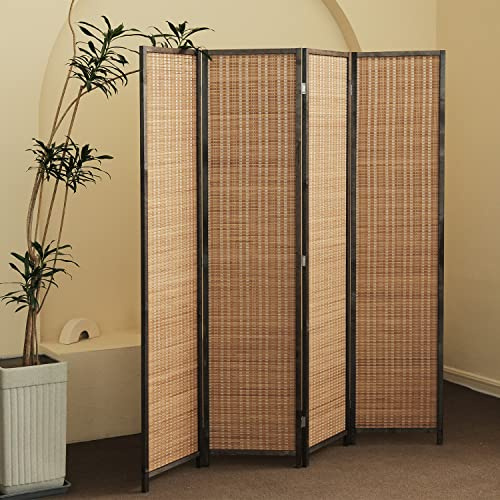 Furnnylane 4 Panel Bamboo Room Divider - 5.6 ft Tall Folding Privacy Screen for Room Separation, Natural Brown Freestanding Partition Wall for Home Office (67 H x 61.4 W)