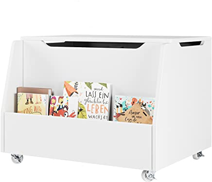 HOCSOK Spielzeugkiste aus Holz, Sitzbank mit Stauraum auf Rädern, Spielzeugtruhe mit Deckel Aufbewahrungstruhe mit großer Kapazität weiß