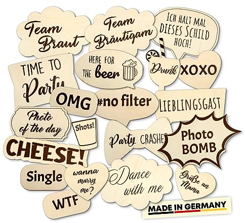 Holzura Fotobox Accessoires Hochzeit Requisiten, Schilder aus Holz mit Sprüchen, Wedding Props Zubehör für Photo Booth und Fotoboxen als Hochzeitsdeko Accessoires
