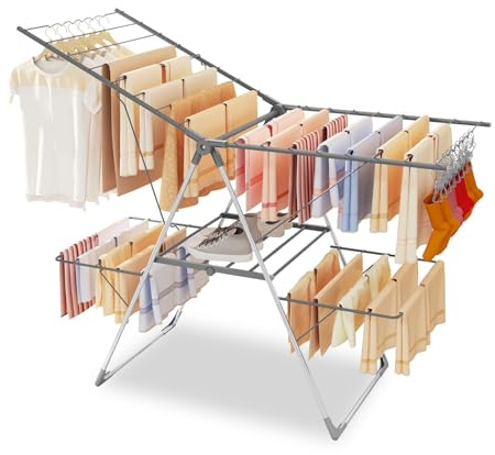 Bigzzia Clothes Drying Rack Foldable, 2-Level Large Laundry Drying Rack Collapsible, Stainless Steel Drying Rack Clothing for Indoor Outdoor, Easy to Fold, 33 Drying Rails, 56.1 L × 22.7 W, Gray