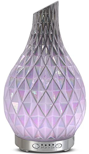 MAXWINER Essential Oil Diffuser Handmade Art Glass Aromatherapy Ultrasonic Humidifier with 7 Colors Lights Changing, Waterless Auto Shut-Off, Time Setting for Home, Office, Room 120ml (Diamond)