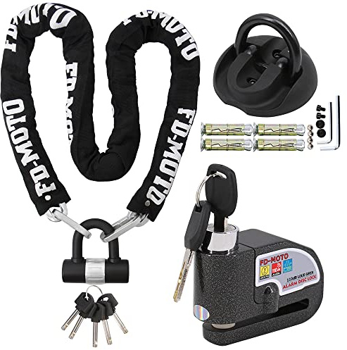 FD-Moto Chain Lock + Black Alarm Brake Disc Lock + Ground Anchor (4 Bolts) | 1.5M*10mm Black/White Steel Heavy Duty for Motorbike Motorcycle Scooter Bike Bicycle