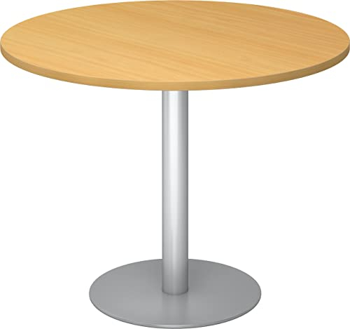 bümö Besprechungstisch, Esstisch klein, Tisch rund 100 cm - Kleiner Esstisch Buche, Rundtisch Esstisch 2 Personen mit Holz-Platte, Säule aus Metall in Silber, Konferenztisch, Bistrotisch