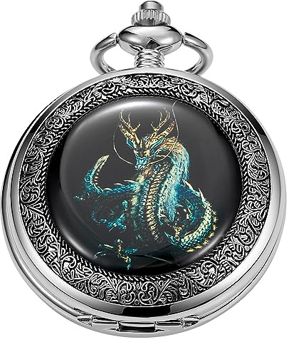 Tiong Mechanische Taschenuhr im Retro-Drachen-Design, mechanische Taschenuhr, römische Ziffern, mechanische Taschenuhren für Herren, mit Kette, Geschenk, Mpw151-UK…