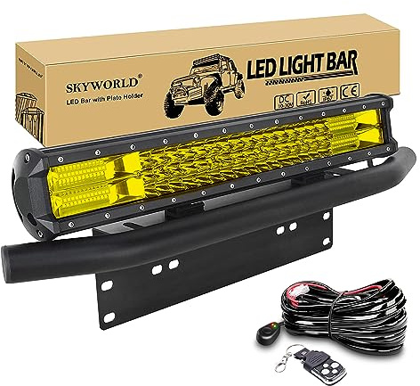 SKYWORLD 51 cm 288W LED Arbeitsscheinwerfer Bar 12V 24V 3000K Gelb Spot-Flood-Kombistrahl Lichtleiste mit Aluminium Kennzeichenhalterung und Blitz Kabelbaum kit für 4x4 Auto LKW PKW ATV SUV Coche