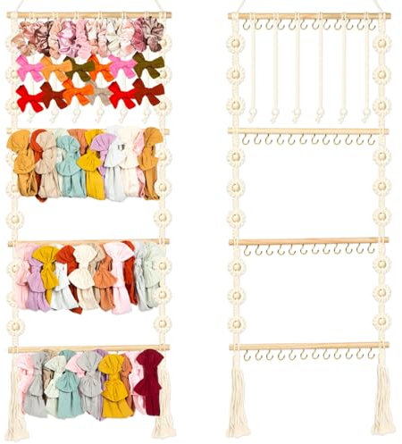Headband Holder - Bow Holder for Baby Girl – Macrame Bow Organizer for Baby Girl w/ 48 Metal Hooks, 6 Slings & Wooden Bead – Space Saving Baby Bow Organizer – Ideal Baby Bow Holder for Expecting Moms