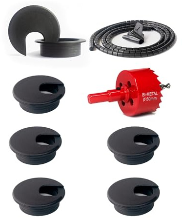 Bicafa 6 Pack Desk Grommet 2 Inch (50 mm) Bi-Metal Hole Saw Kit with Cord Wrap Coiled Tube Management,2 m Cable Sleeve Organizer with Table Hole Cover