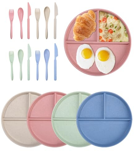 SOBEAU Juego de 4 platos llanos de polipropileno saludable, platos separadores, irrompibles, sin BPA (con 4 cuchillos, 4 tenedores y 4 cucharas)