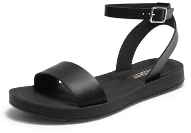 DREAM PAIRS Women’s One Band Ankle Strap Buckle Flat Sandals,Size 9,All Black-Pu,ELENA-5