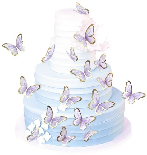 Blumomon 30 Stück 3D Schmetterling Kuchen Topper Dekorationen lila Gold Rand Mischgröße Schmetterling Cupcake Toppers Picks Hochzeit Baby Dusche Party Hochzeitstag Geburtstag Party Cupcake Dekoration
