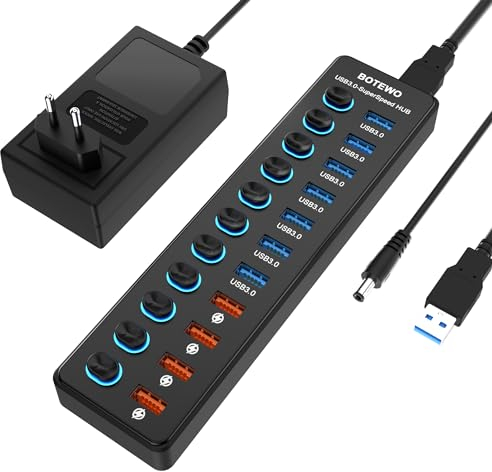 11 Porte Hub USB 3.0 Alimentato: Multi USB Hub 3.0 con 7 Porte USB 3.0 e 4 Porte Carica Rapida e Interruttore Indipendente LED Compatibile PC/Windows/Mac OS