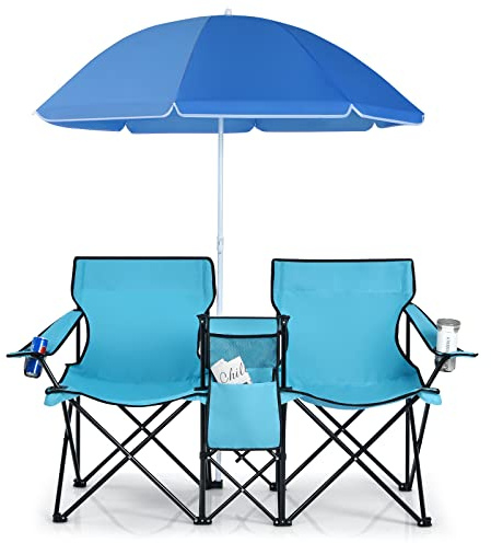 COSTWAY Double Camping Chair, Portable Folding Loveseat with Umbrella, Ice Bag, Cup Holder & Carrying Bag, Outdoor Garden Seaside Fishing Picnic Leisure Lover Chairs Set (Turquoise)