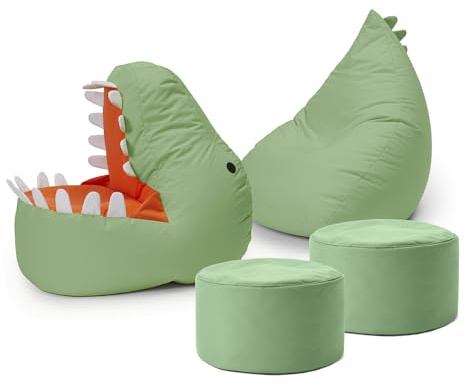Lumaland barnsittsäck-set Dino, 4 delar. | Sittsäck för utomhus och inomhus | fåtölj BZW. Barnsoffa med fyllning, perfekt för barnrum | 1 x dino, 1 x monster och 2 x puff