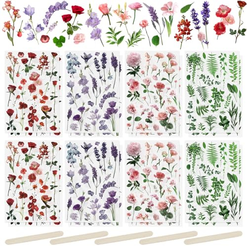 WANDIC Lot de 16 feuilles d'autocollants de transfert à frotter, autocollants en forme de plantes et fleurs pour bricolage, scrapbooking, albums photos, meubles, 15 x 9,9 cm