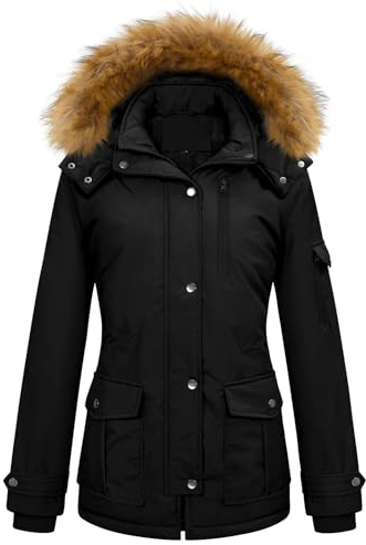 TOMEEK Giacca Invernale Donna con Cappuccio Caldo Parka Cappotto Pile Donna con Zip Giubbotto Antivento Casual Imbottito con Tasche Pelliccia Media Lunghezza da Esterno Sci(Nero,M)