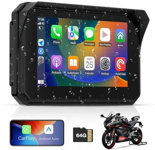 ITEFDTUTNE 5 Zoll Kabelloser Carplay Bildschirm für Motorrad, Tragbares Android Auto für Motorräder, IP67 Wasserdichter Touchscreen, Duales Bluetooth/Sprachsteuerung/Navigation/FM/Mirror-Link