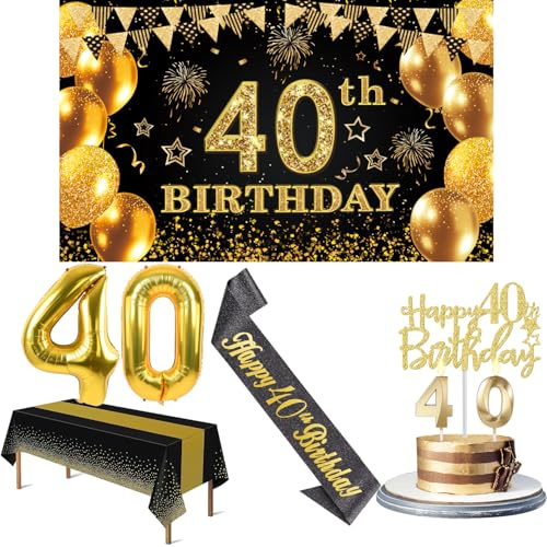 Amosking 40th Birthday Decorations for Men Women Black Gold | Luxury 40th Birthday Decorations - Easy Assembly with Banner, Number Balloons, Table Cloth, Sash, Cake Topper and Candles
