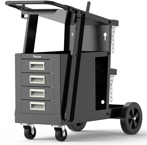 TOOLIOM Schweißwagen mit 4 Schubladen, Roll-Schweißwagen für WIG-Schweißgerät und Plasmaschneider, 360° drehbare Räder, Schwarz, Metall