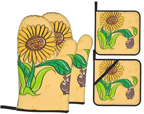 YYHHAOFA Set di quattro pezzi da cucina con motivo semi di girasole e girasoli, guanto da forno isolato e presine, spessi e resistenti