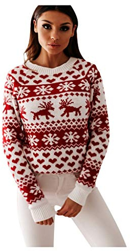 Weihnachten Strickpullover Damen Winter Norweger Pullover Mit Rentier Muster Weihnachtspulli - Warm Baumwolle Weihnachtspullover Rundhals Langarm Strickpulli Christmas Sweater Für Frauen