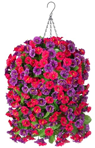 INXUGAO Artificial Flowers with Hanging Basket, Outdoor Faux Plants Silk Morning Glory Vines, Fake Green Arrangement for Garden Patio Spring Summer Decor(4pcs,Hot Pink Purple)