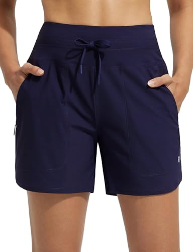 Baleaf Badshorts för kvinnor, magkontroll, UPF50+, snabbtorkande, simshorts med hög midja, boardshorts, simunderdel med fickor, Djupblå, S