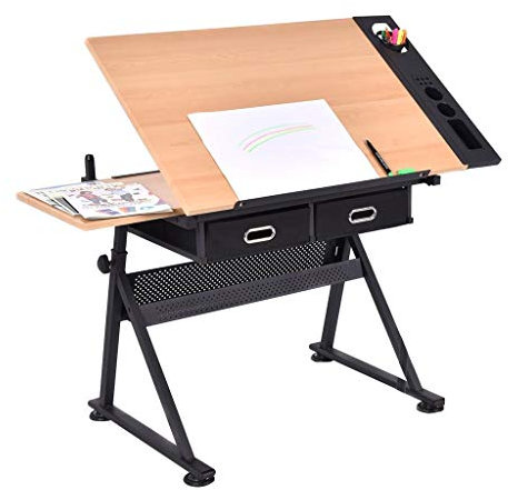 Zeichentische, Zeichentisch, höhenverstellbarer Zeichentisch, kippbarer Basteltisch mit Stauraum, Kunsttisch aus Ahornplatte, für Zeichentisch im Homeoffice