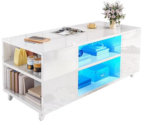 YITAHOME Mesa de Centro Moderna Brillante con Luz LED de 16 Colores, Mesa de Café para Salón con Estante Ajustable, Blanco, 97,5 x 48 x 45 cm