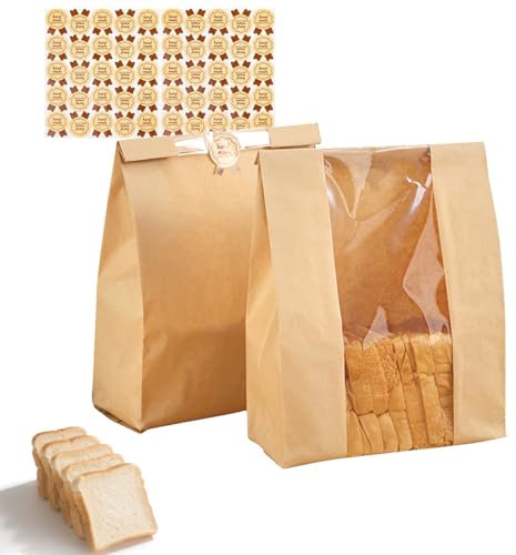 Hniuyun 50 Pcs Kraft Paper Bread Bags with Window for Homemade Sourdough, Cookies & Snacks - Bakery Storage (35x21x9cm) Includes 50 Stickers