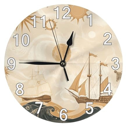 HLBSDM Orologio da parete retrò a forma di nave marina, a batteria, silenzioso, rotondo, senza ticchettio, per ufficio, camera da letto, soggiorno.