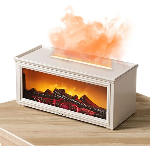 3D Fireplace Flame Effect Aromatherapy Diffuser Humidifier 280ml Large Cool Mist Humidifier,7 Colour Changing LED with Remote Control,Waterless Auto Off and Timer for Home (White)
