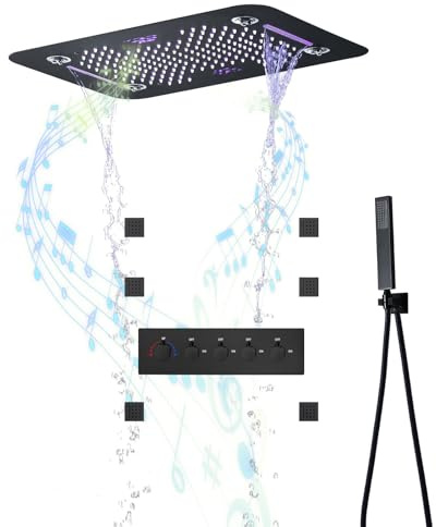 SWHC Sistema Doccia Termostatico con Soffione Doccia A Pioggia Quadrato da 30 * 30Cm, Doccetta,Kit Doccia Incasso con Soffione LED E Musica,6 Getti Da Massaggio, Tubo 1.5 M