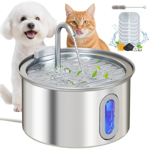 PawHut Cat Water Fountain for Drinking 2.5L Stainless Steel Cat Fountain | Automatic, Ultra-Quiet Pump, Water-Level Indicator, 7 Replacement Filters