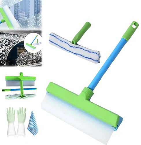 Aqua Blade Squeegee Window Cleaner, 2025 New Recyclable 3 In 1 Window Cleaner Scraper, Rotatable Silicone Squeegee and Microfiber Scrubber, for Shower Glass Mirror Door Car (Blue)
