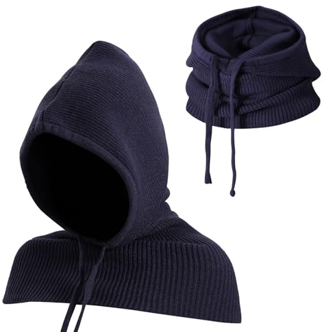 TAGVO 2-i-1 Balaclava med huva halsduk, vindtät stickad Balaclava, vintermjuk pullover-halsduk, ett stycke mössa och halsduk, nackskydd för män och kvinnor, Marinblå, One size