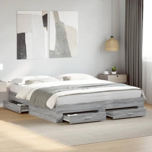 QUAHEAS Grey Sonoma Super King Bed Frame, 180x200 cm, Engineered Wood Platform Bed with 4 Storage Drawers, Sturdy Plywood Slats, Modern Bedroom Furniture