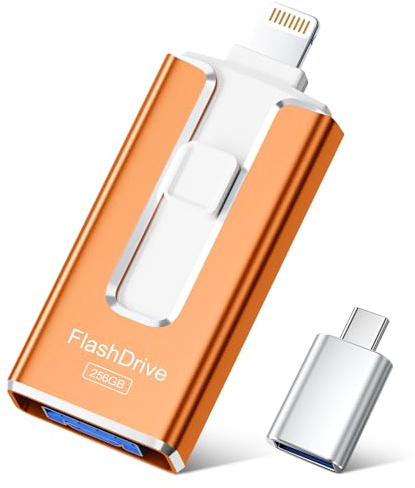 SUDEHO Cle USB 256 Go, Clé USB iPhone MFI Certifié, 4 en 1 Clef pour iPhone/Android/Type C et PC, Cle USB C Photo Stick Mémoire Externe pour Stockage Photos, Vidéos, Fichiers(Orange)