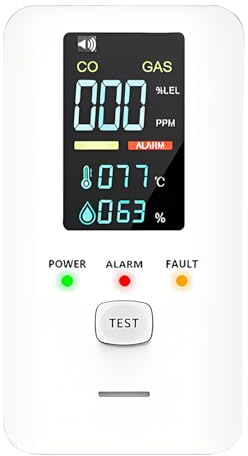 Detector 4 en 1 con Pantalla LED a Color, Detección de Gas y Monóxido de Carbono, Actualización Mejorada, Alarma Rápida, Ideal para Hogar, Apartamento, Hotel, Camping y Vehículos Recreativos