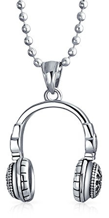 Bling Jewelry Hip Hop Music Lover DJ Headphones Pendant Necklace For Men For Teen Silver Tone Stainless Steel With Ball Chain