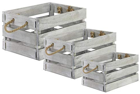 Maison & White Wooden Storage Crates Set of 3 – Nesting Rustic Vintage Crates with Rope Handles – Decorative Farmhouse Storage Boxes for Shelves Living Room Bathroom – Small Medium Large | M&W