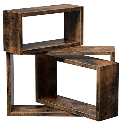 VASAGLE Wandregale, 3er Set, Würfelregale, Länge 40/35/30 cm, fürs Wohnzimmer, Schlafzimmer, Arbeitszimmer, vintagebraun LWS094X01, Rustic Brown