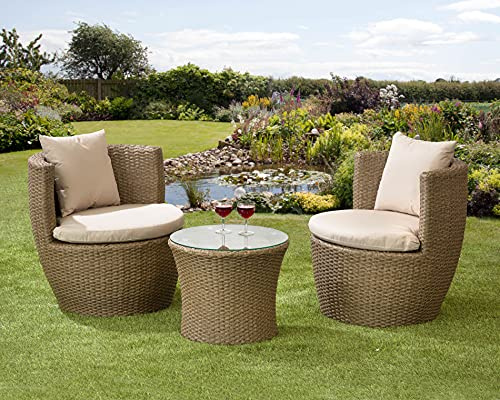 Garden Store Direct Rattan Wicker Bottle Shape Bistro Patio Set, Aluminium, Seat Pads & Back Cushions, 3 Colours To Choose From (Brown/Natural)