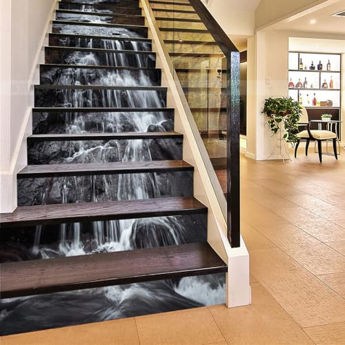FLFK 13Pcs 3D Wasserfall Naturlandschaft selbstklebende Treppenaufkleber -Schälen und kleben Treppenaufkleber für Home Office Treppenstufen Dekor 39.3 x 7.08