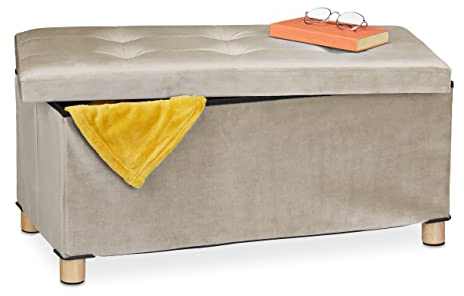 Relaxdays Pouf con Contenitore Vassoio, HxLxP: 34x76x38 cm, Sgabello Portaoggetti Salvaspazio, Panca, Velluto, Creme, Fibra di Legno, 1 pz