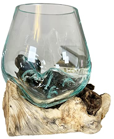 Darthome Teak Root with Mini Molten Glass Bowl 13x12x10cm Rustic Wood Base Stand Decor Ornament Gift