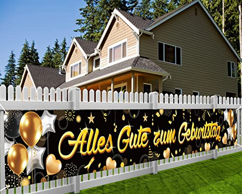 DPKOW Deutschen Alles Gute zum Geburtstag Banner Schwarzes Gold, Lange Hintergrund Banner für Geburtstag Deko für Innen Außen Dekoration, 265 * 35cm